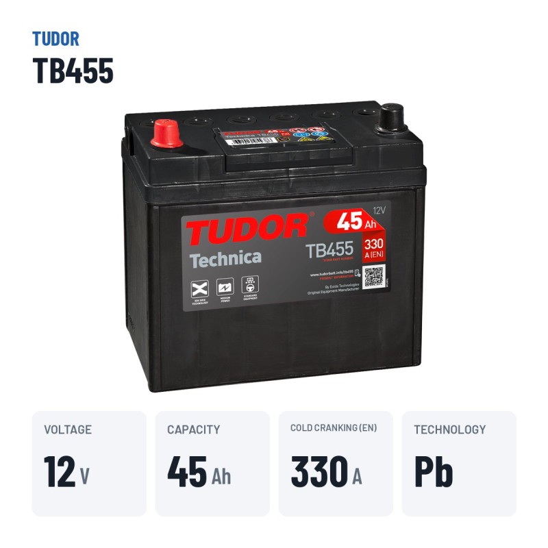 Bateria de carro Tudor TB455 12V 45Ah 330A – dados principais