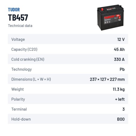 Batería de coche Tudor TB457 12V 45Ah 330A – ficha técnica