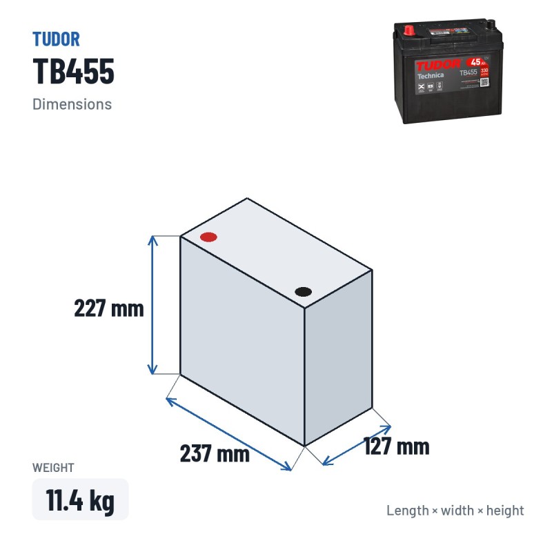 Batterie voiture Tudor TB455 12V 45Ah 330A – dimensions 237 × 127 × 227 mm