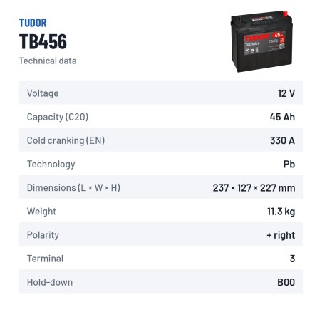 Bateria de carro Tudor TB456 12V 45Ah 330A – ficha técnica
