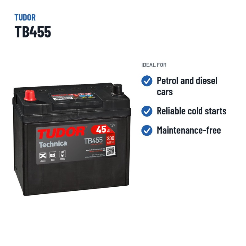 Batterie voiture Tudor TB455 12V 45Ah 330A – utilisations recommandées