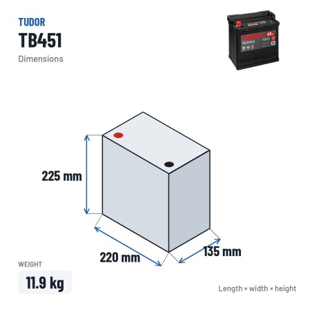 Batterie voiture Tudor TB451 12V 45Ah 330A | baterias.com