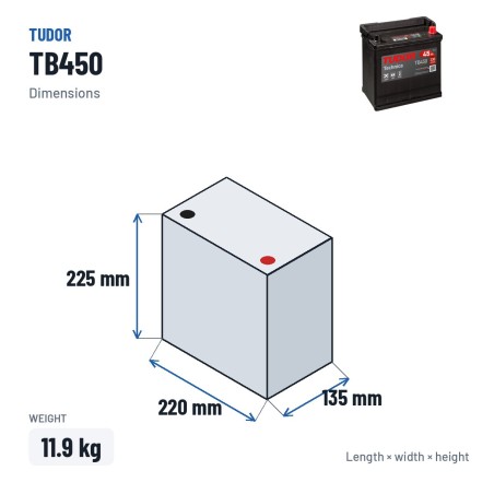 Batterie voiture Tudor TB450 12V 45Ah 330A – dimensions 220 × 135 × 225 mm