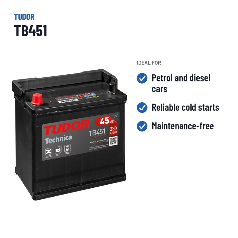 Batterie voiture Tudor TB451 12V 45Ah 330A | baterias.com