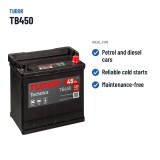 Batterie voiture Tudor TB450 12V 45Ah 330A – utilisations recommandées