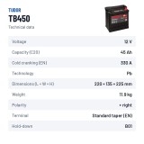 Batteria auto Tudor TB450 12V 45Ah 330A – scheda tecnica
