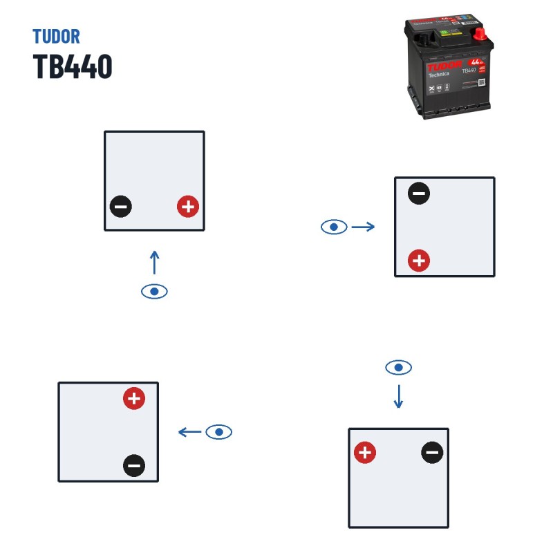 Bateria de carro Tudor TB440 12V 44Ah 400A – polaridade (esquema 0, + direita)