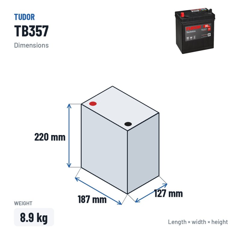 Batteria auto Tudor TB357 12V 35Ah 240A – dimensioni 187 × 127 × 220 mm