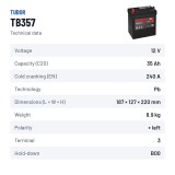Batteria auto Tudor TB357 12V 35Ah 240A – scheda tecnica