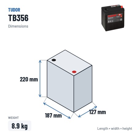 Batteria auto Tudor TB356 12V 35Ah 240A – dimensioni 187 × 127 × 220 mm