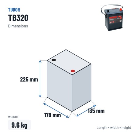 Batterie voiture Tudor TB320 12V 32Ah 270A – dimensions 178 × 135 × 225 mm
