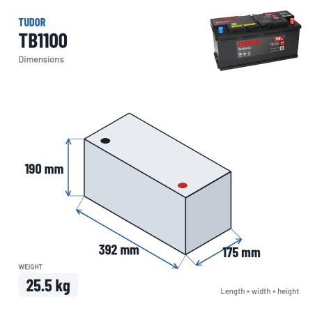 Batteria auto Tudor TB1100 12V 110Ah 850A – dimensioni 392 × 175 × 190 mm