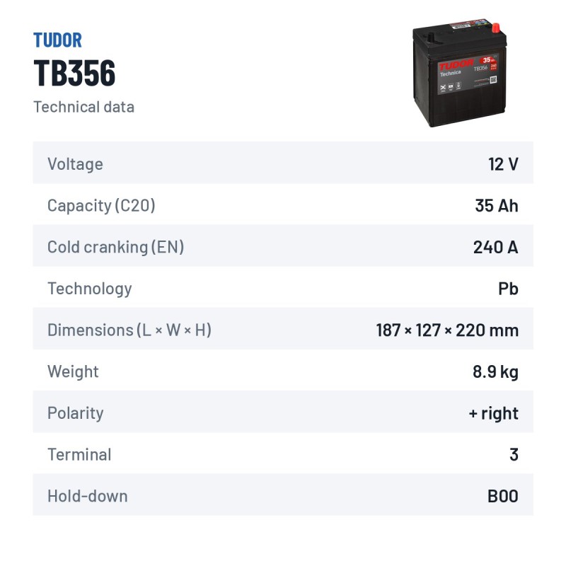 Bateria de carro Tudor TB356 12V 35Ah 240A | baterias.com