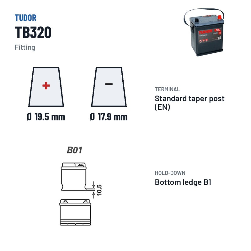 Batterie voiture Tudor TB320 12V 32Ah 270A – bornes et fixation