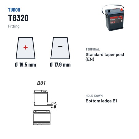 Batterie voiture Tudor TB320 12V 32Ah 270A – bornes et fixation