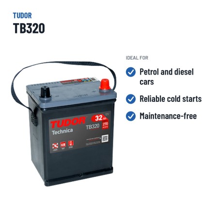 Batterie voiture Tudor TB320 12V 32Ah 270A – utilisations recommandées