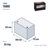 Bateria de carro Tudor TA955 12V 95Ah 800A – medidas 306 × 173 × 222 mm