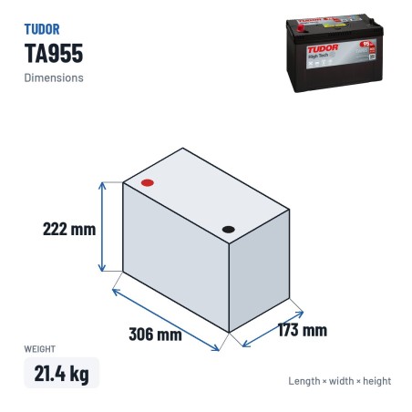 Car battery Tudor TA955 12V 95Ah 800A – dimensions 306 × 173 × 222 mm