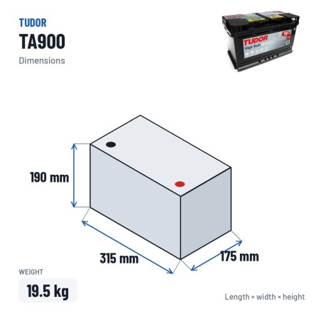 Batterie voiture Tudor TA900 12V 90Ah 720A – dimensions 315 × 175 × 190 mm