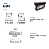 Batterie voiture Tudor TA900 12V 90Ah 720A – bornes et fixation