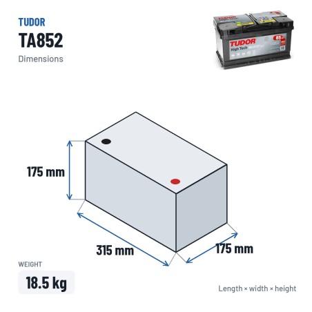 Batterie voiture Tudor TA852 12V 85Ah 800A – dimensions 315 × 175 × 175 mm