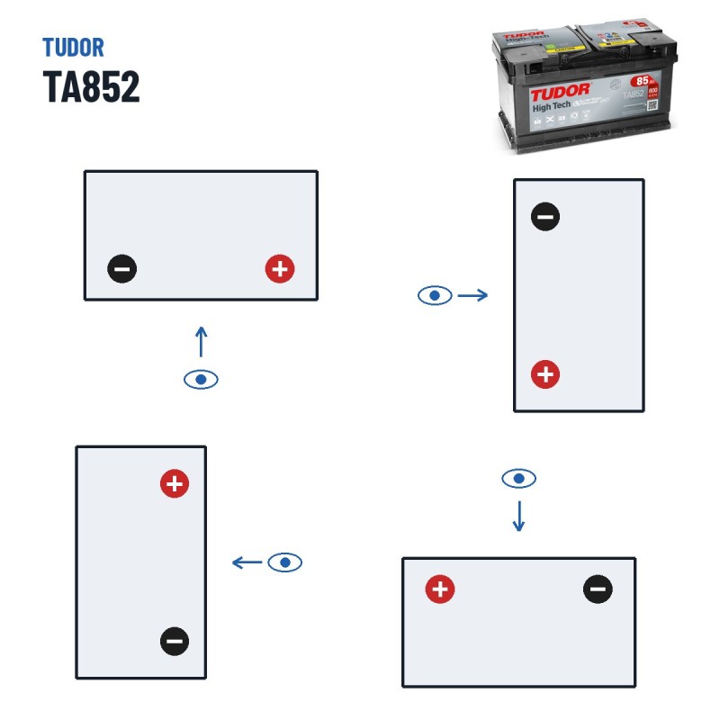 Batterie voiture Tudor TA852 12V 85Ah 800A – polarité (schéma 0, + à droite)