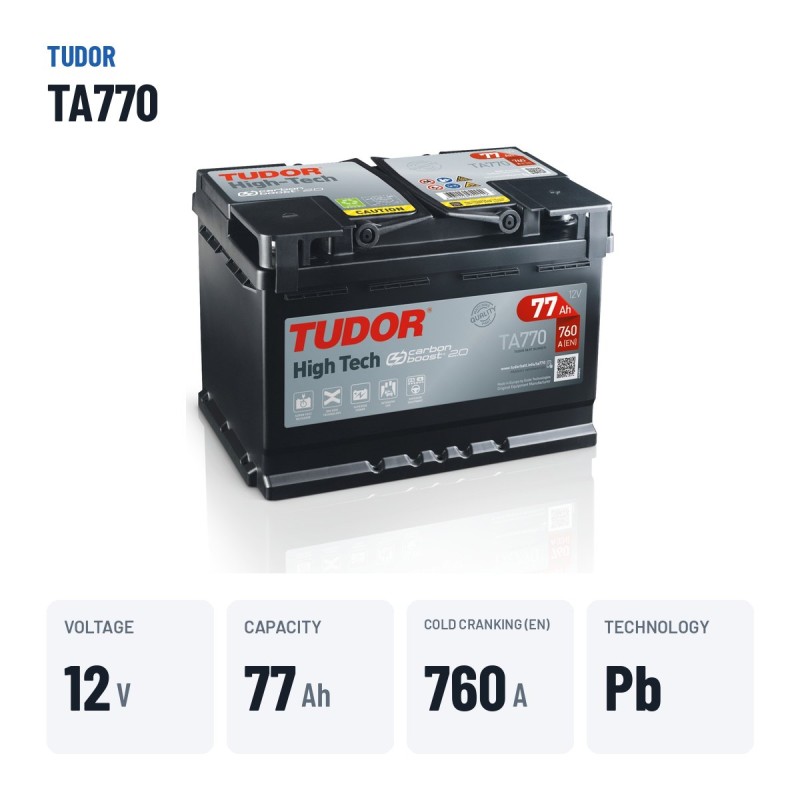 Batería de coche Tudor TA770 12V 77Ah 760A – datos clave