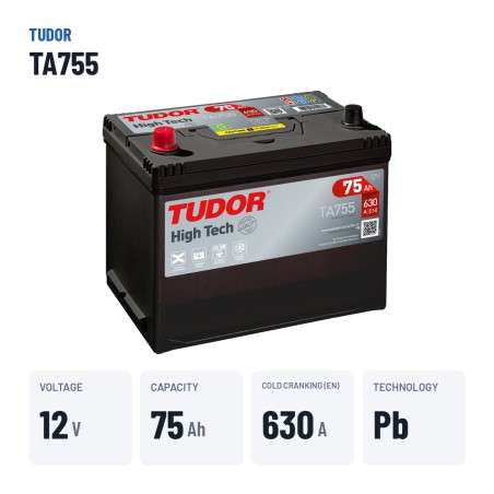 Batterie voiture Tudor TA755 12V 75Ah 630A – caractéristiques clés