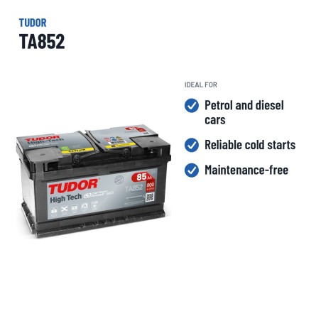 Batterie voiture Tudor TA852 12V 85Ah 800A – utilisations recommandées
