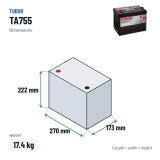 Car battery Tudor TA755 12V 75Ah 630A – dimensions 270 × 173 × 222 mm