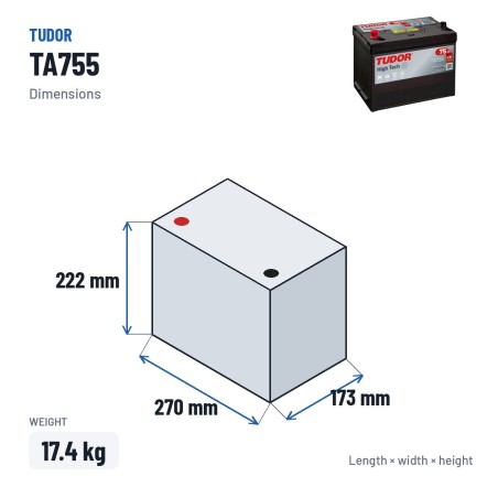 Batería de coche Tudor TA755 12V 75Ah 630A | baterias.com