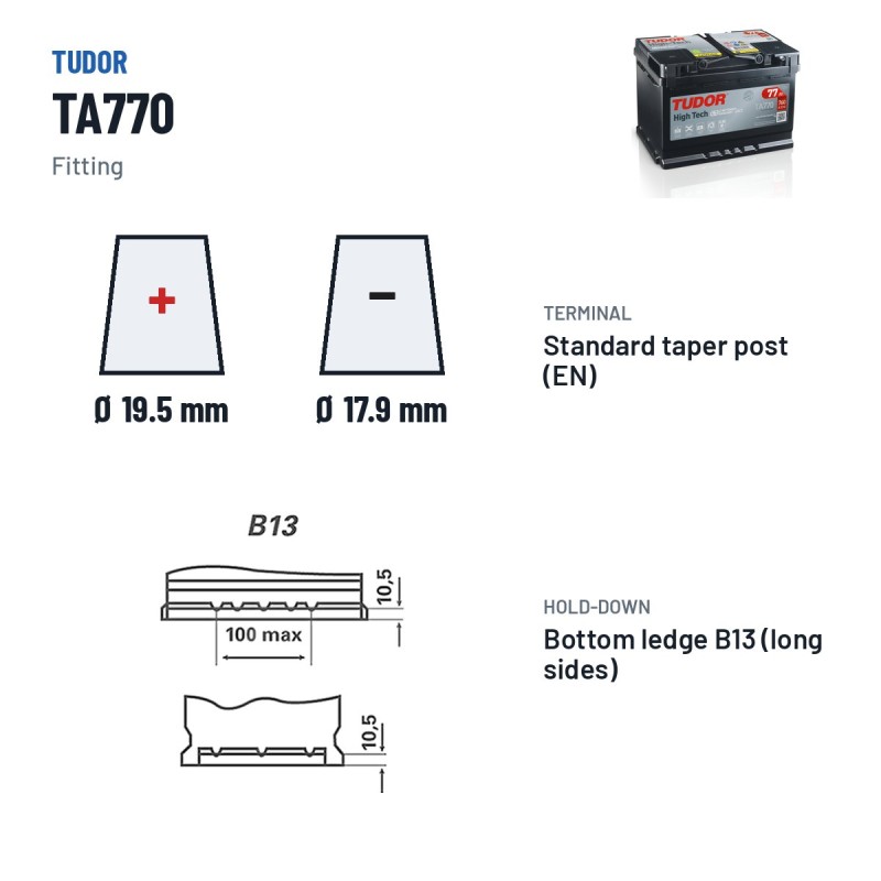 Batería de coche Tudor TA770 12V 77Ah 760A – borne y sujeción