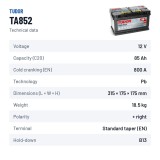 Batería de coche Tudor TA852 12V 85Ah 800A – ficha técnica
