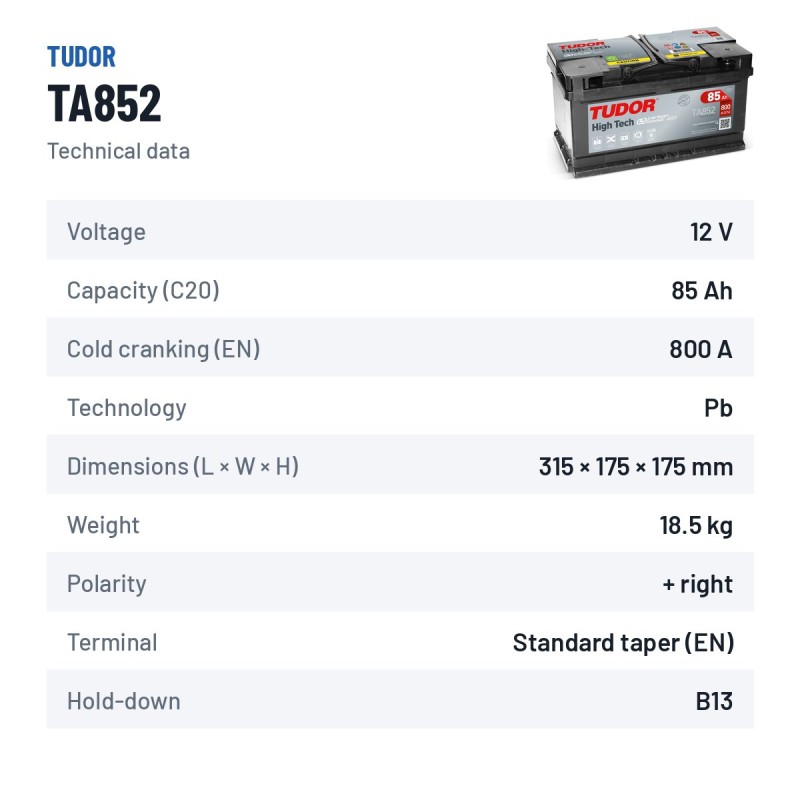 Batterie voiture Tudor TA852 12V 85Ah 800A – fiche technique