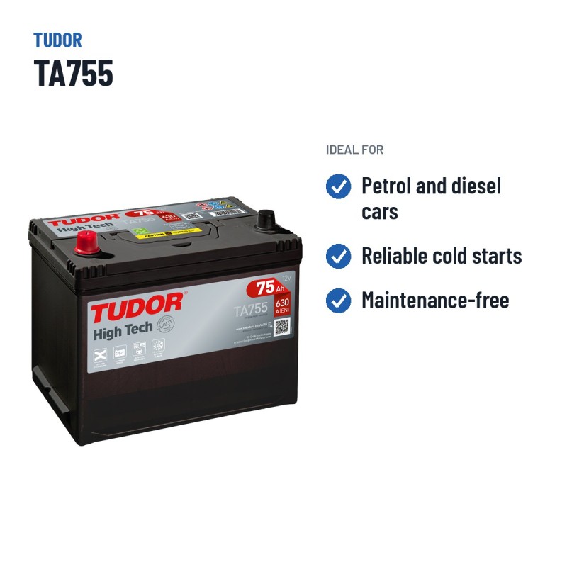 Batterie voiture Tudor TA755 12V 75Ah 630A – utilisations recommandées