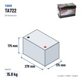 Car battery Tudor TA722 12V 72Ah 720A – dimensions 278 × 175 × 175 mm