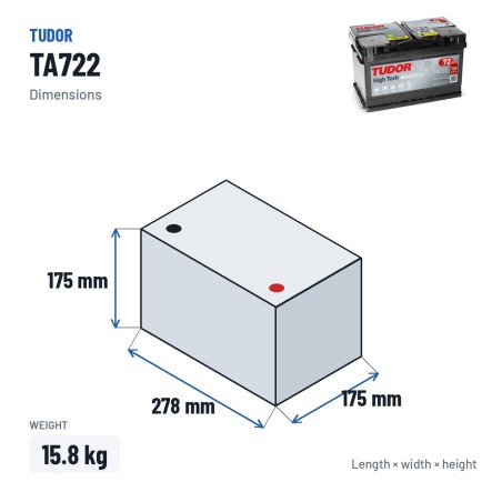 Car battery Tudor TA722 12V 72Ah 720A – dimensions 278 × 175 × 175 mm