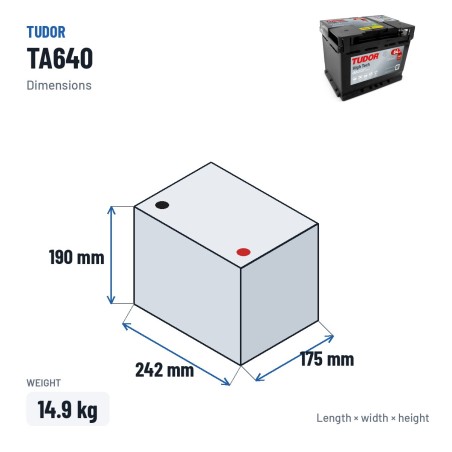 Batterie voiture Tudor TA640 12V 64Ah 640A – dimensions 242 × 175 × 190 mm