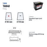 Car battery Tudor TA640 12V 64Ah 640A – terminal and hold-down
