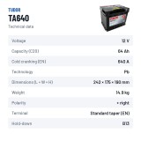 Car battery Tudor TA640 12V 64Ah 640A – technical data