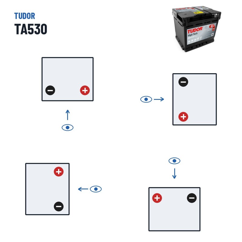Bateria de carro Tudor TA530 12V 53Ah 540A – polaridade (esquema 0, + direita)
