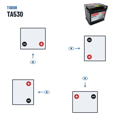 Bateria de carro Tudor TA530 12V 53Ah 540A – polaridade (esquema 0, + direita)