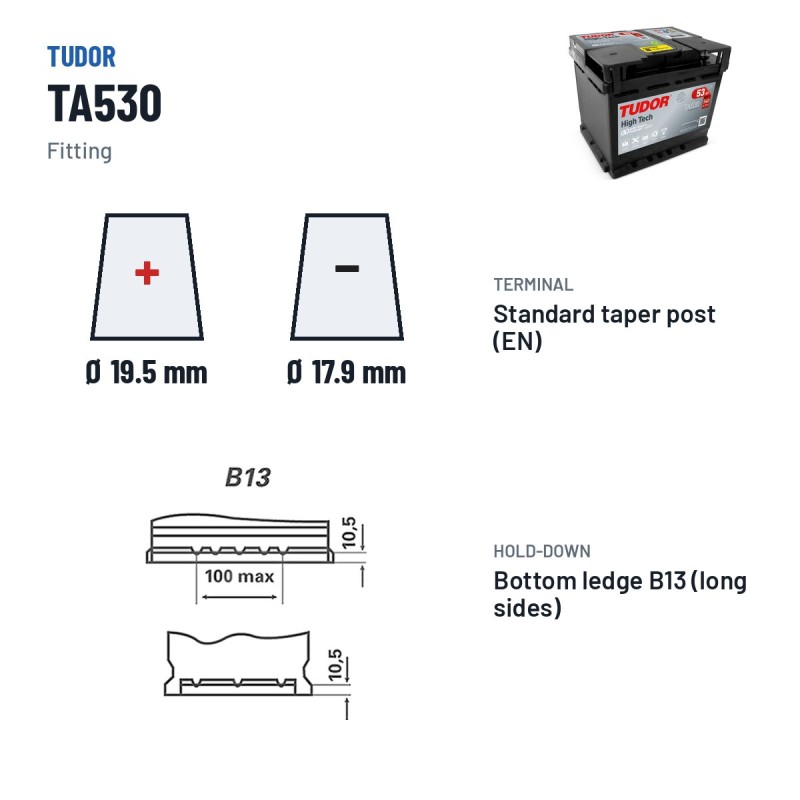 Autobatterie Tudor TA530 12V 53Ah 540A – Pole und Befestigung
