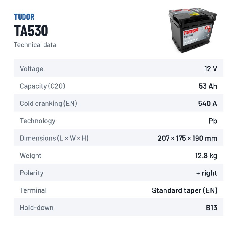 Car battery Tudor TA530 12V 53Ah 540A – technical data