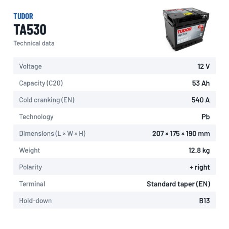 Bateria de carro Tudor TA530 12V 53Ah 540A – ficha técnica