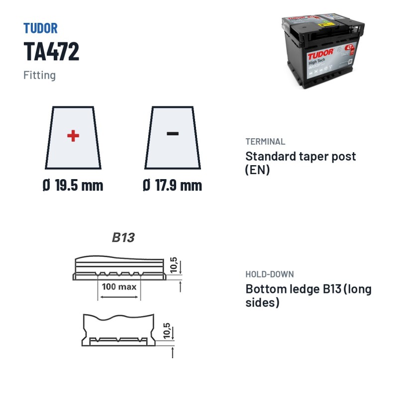 Batterie voiture Tudor TA472 12V 47Ah 450A – bornes et fixation