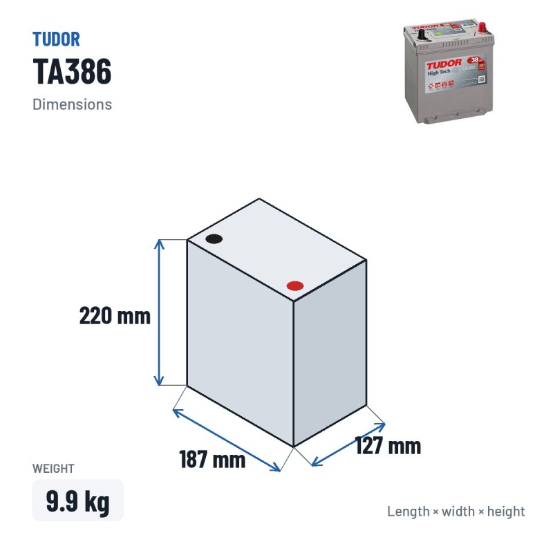 Car battery Tudor TA386 12V 38Ah 300A – dimensions 187 × 127 × 220 mm