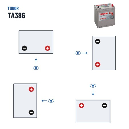 Car battery Tudor TA386 12V 38Ah 300A – polarity (layout 0, + right)
