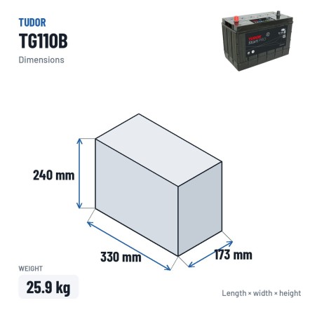 LKW-Batterie Tudor TG110B 12V 110Ah 950A – Abmessungen 330 × 173 × 240 mm