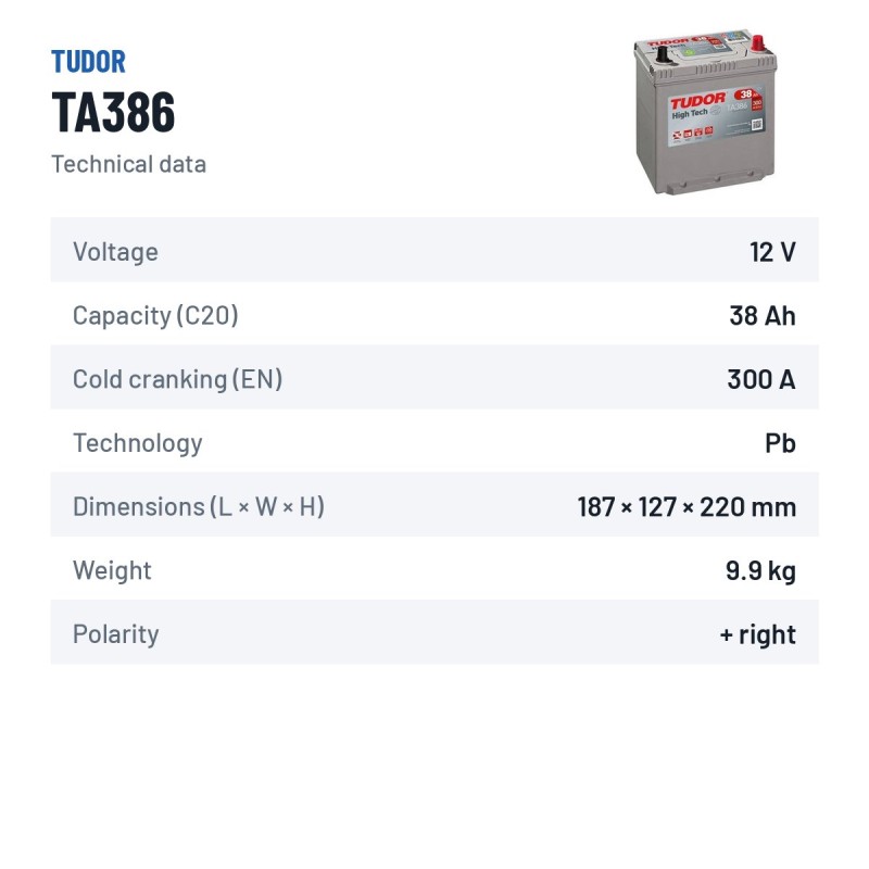 Batteria auto Tudor TA386 12V 38Ah 300A – scheda tecnica